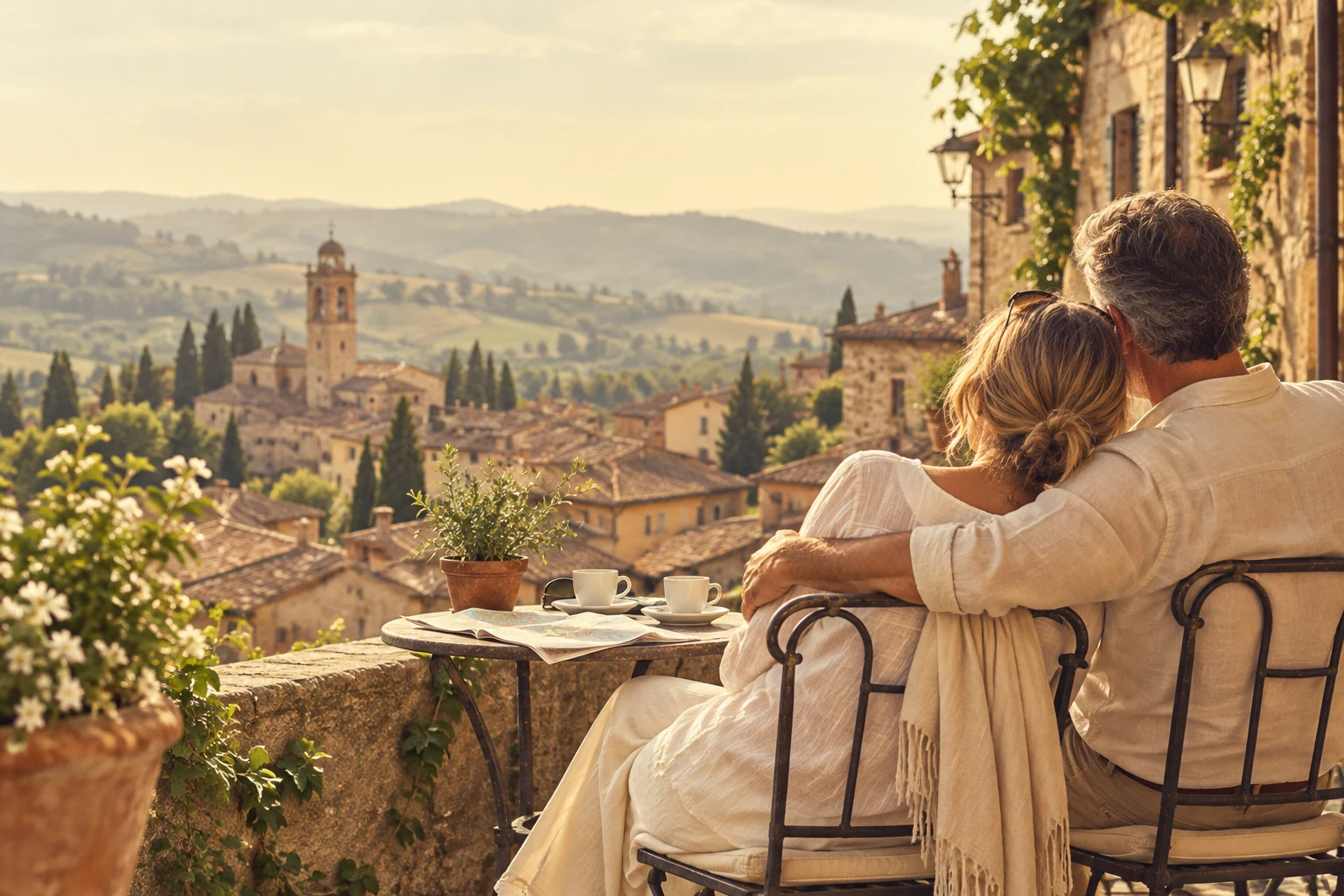 Un couple admire les collines de Toscane depuis une terrasse.